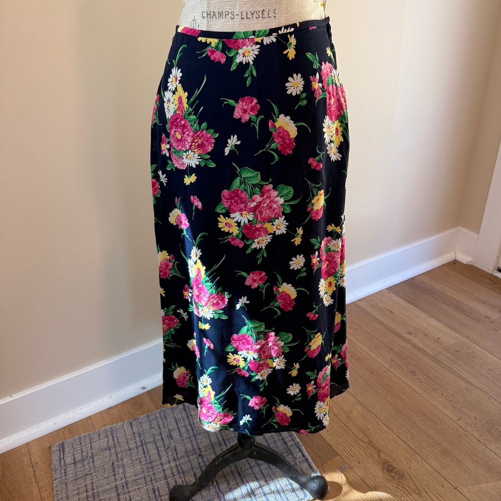 Lauren Ralph Lauren Women's Navy/Pink Floral 100% Silk Maxi Skirt Size 10P